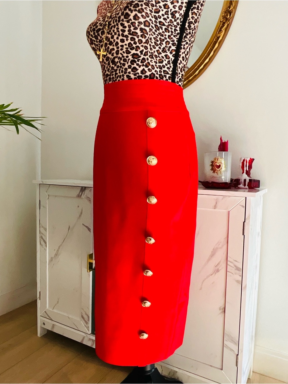 Red Gold Button Pencil Skirt - Picture 10 of 14